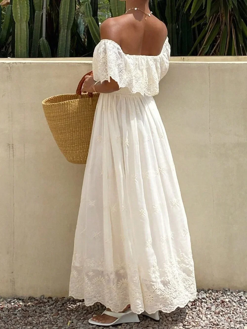 Apricot Boho Women's Vacation Embroidered Off-Shoulder Ruffle Sundress - Picture 3 of 7